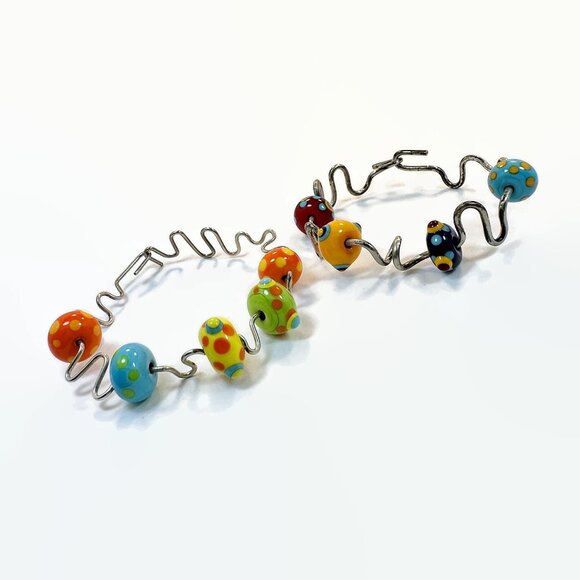 Glass Bead Bracelet, Lamp Work, Dotted, Rainbow, Art Glass, Blue, Orange, Red - Picture 5 of 5